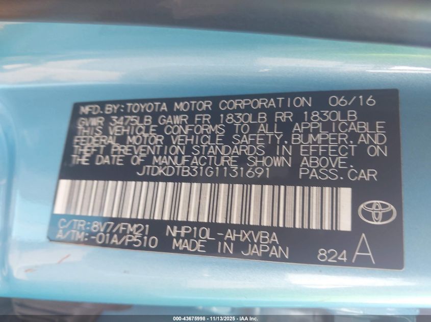 2016 Toyota Prius C Two VIN: JTDKDTB31G1131691 Lot: 43675998