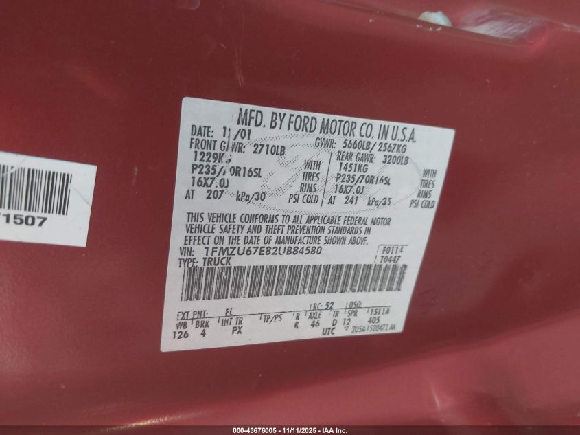 2002 Ford Explorer Sport Trac VIN: 1FMZU67E82UB84580 Lot: 43676005