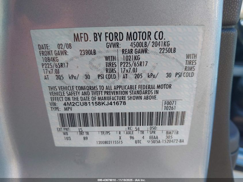 2008 Mercury Mariner V6 VIN: 4M2CU81158KJ41678 Lot: 43676010