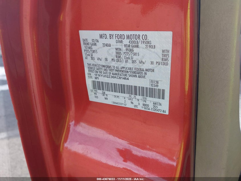 2006 Ford Escape Xls/Xls Manual VIN: 1FMYU02Z36KC81464 Lot: 43676033