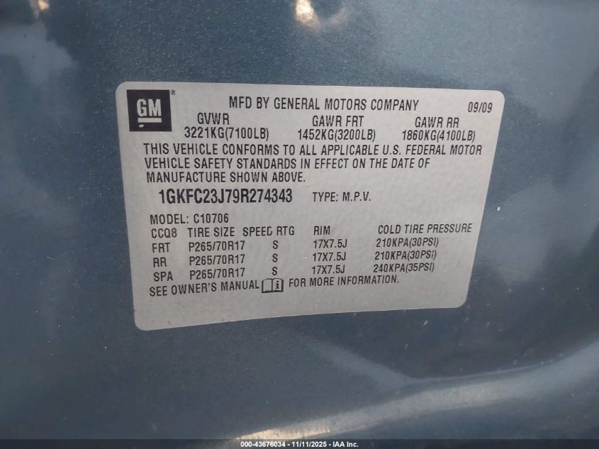 2009 GMC Yukon Sle1 VIN: 1GKFC23J79R274343 Lot: 43676034