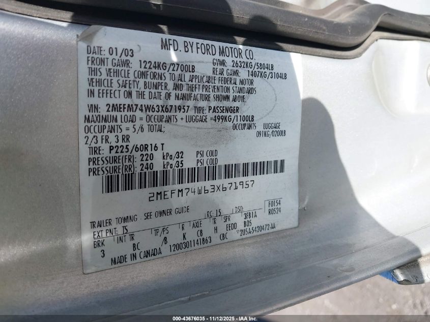 2003 Mercury Grand Marquis Gs VIN: 2MEFM74W63X671957 Lot: 43676035