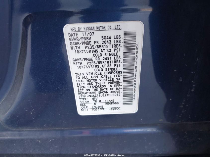 2009 Nissan Murano Sl VIN: JN8AZ18U29W003052 Lot: 43676038