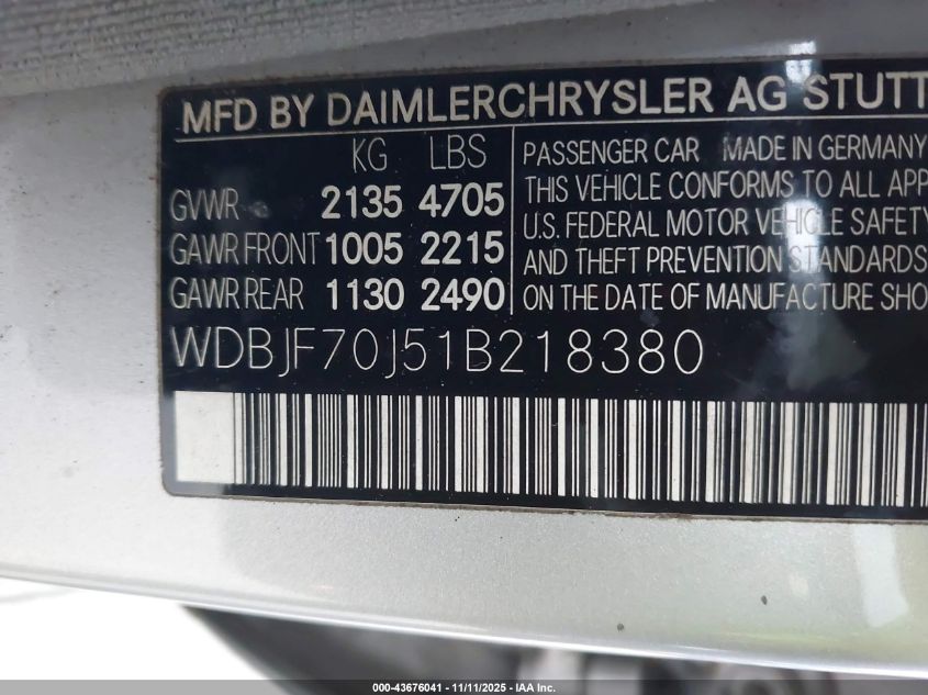 2001 Mercedes-Benz E 430 VIN: WDBJF70J51B218380 Lot: 43676041