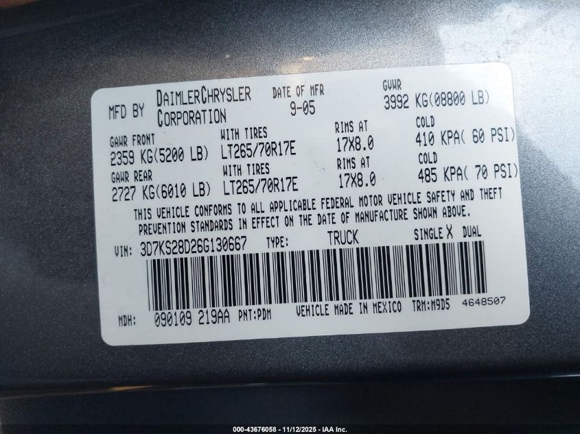 2006 Dodge Ram 2500 Slt/Trx4 Off Road/Sport/Power Wagon VIN: 3D7KS28D26G130667 Lot: 43676058