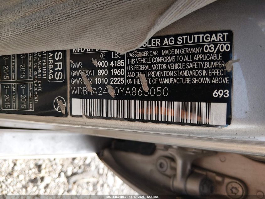 2000 Mercedes-Benz C 230 Kompressor VIN: WDBHA24G0YA863050 Lot: 43676062