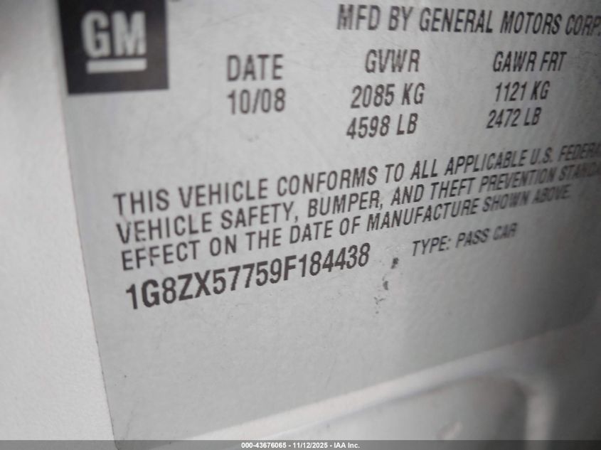 2009 Saturn Aura Xr VIN: 1G8ZX57759F184438 Lot: 43676065