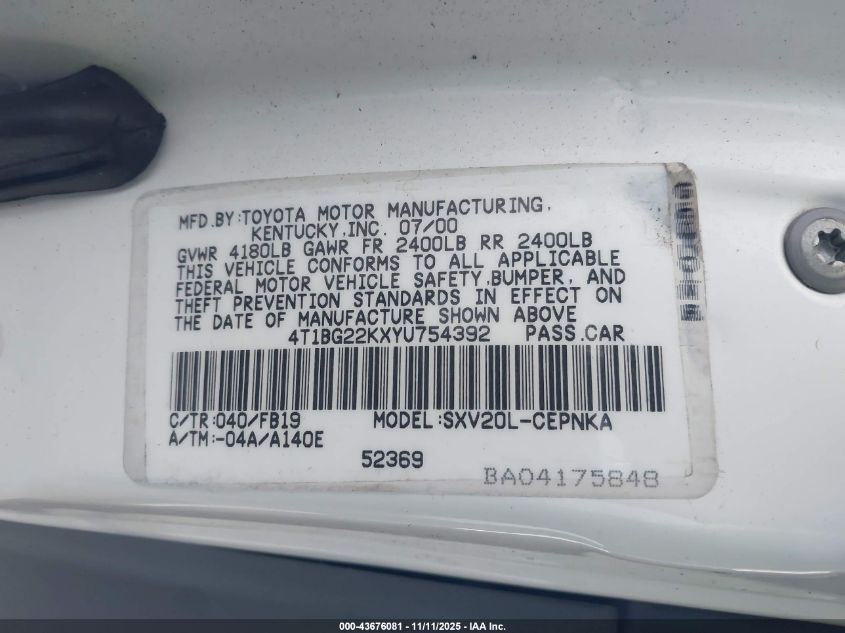 2000 Toyota Camry Le VIN: 4T1BG22KXYU754392 Lot: 43676081