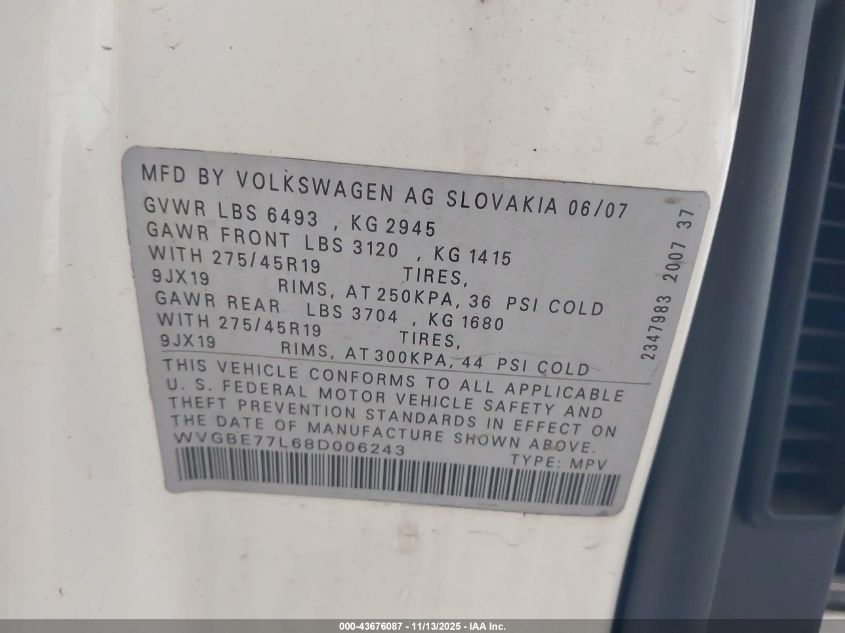 2008 Volkswagen Touareg 2 Vr6 Fsi VIN: WVGBE77L68D006243 Lot: 43676087