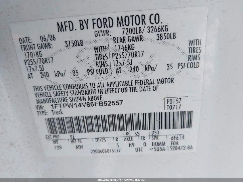 2006 Ford F-150 Fx4/Lariat/Xlt VIN: 1FTPW14V86FB52557 Lot: 43676093