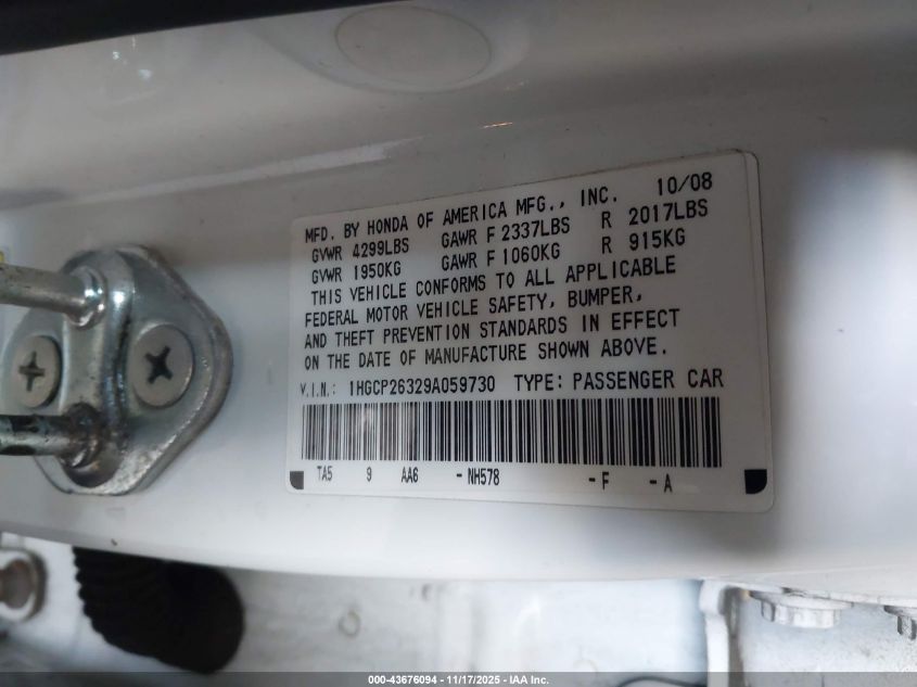 2009 Honda Accord 2.4 Lx VIN: 1HGCP26329A059730 Lot: 43676094