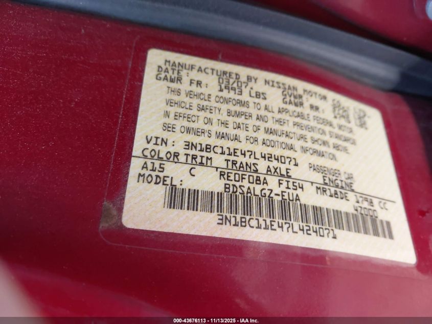 2007 Nissan Versa 1.8Sl VIN: 3N1BC11E47L424071 Lot: 43676113