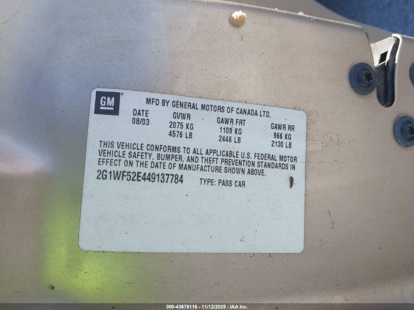 2004 Chevrolet Impala VIN: 2G1WF52E449137784 Lot: 43676116