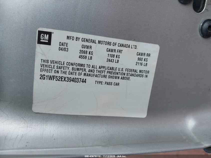 2G1WF52EX39403744 2003 CHEVROLET IMPALA photo no. 9