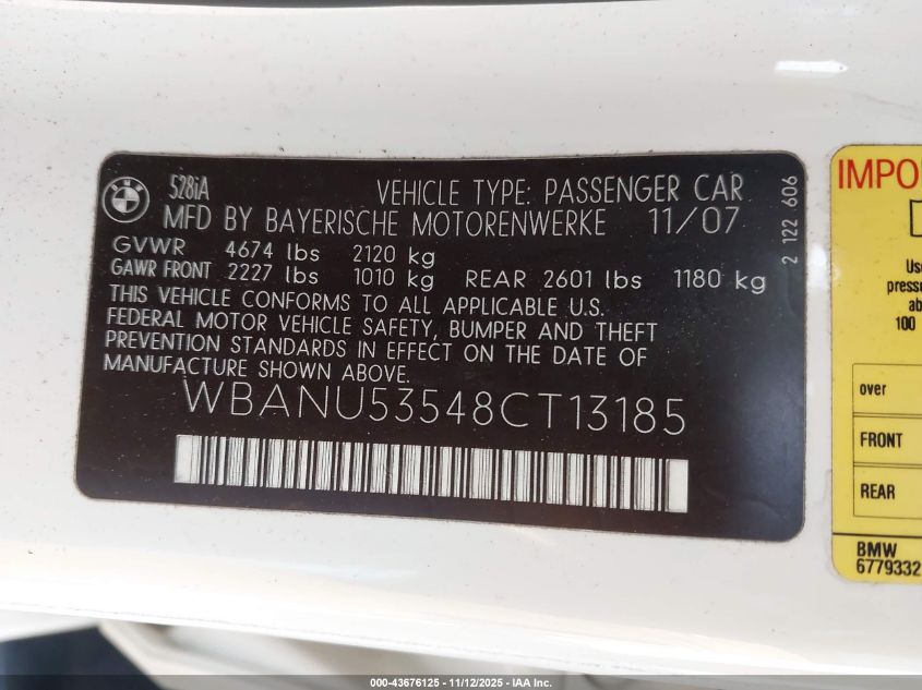 2008 BMW 528I VIN: WBANU53548CT13185 Lot: 43676125