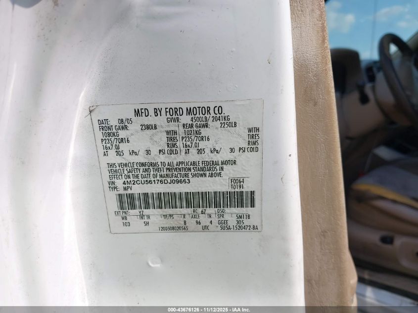 2006 Mercury Mariner Luxury/Premier VIN: 4M2CU56176DJ09663 Lot: 43676126