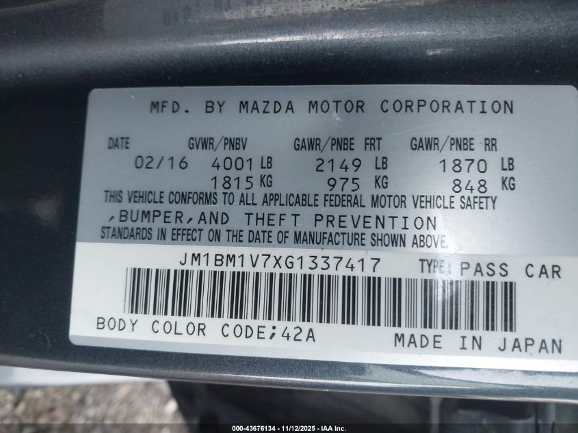 2016 Mazda Mazda3 I Touring VIN: JM1BM1V7XG1337417 Lot: 43676134
