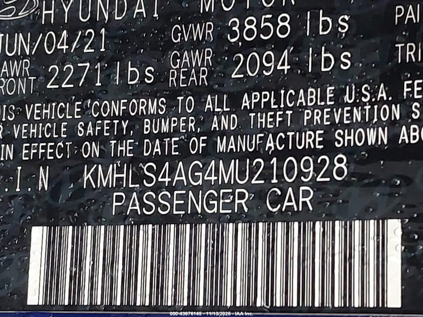 2021 HYUNDAI ELANTRA SEL - KMHLS4AG4MU210928