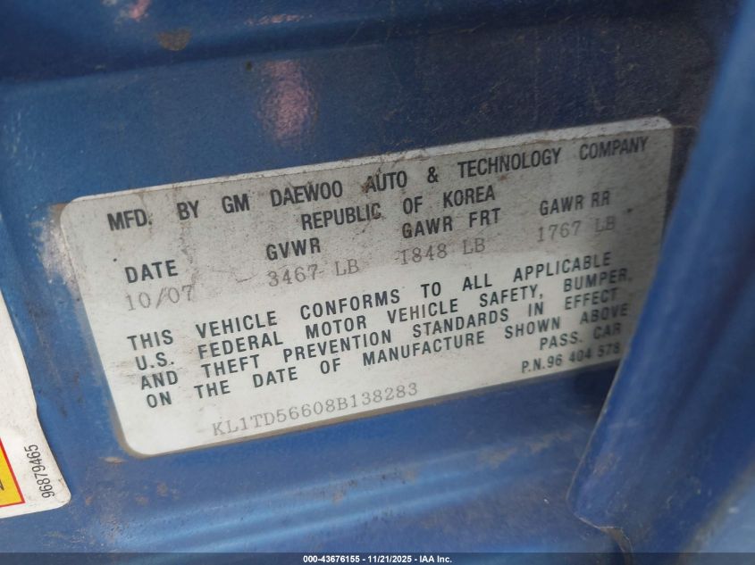 2008 Chevrolet Aveo Ls VIN: KL1TD56608B138283 Lot: 43676155