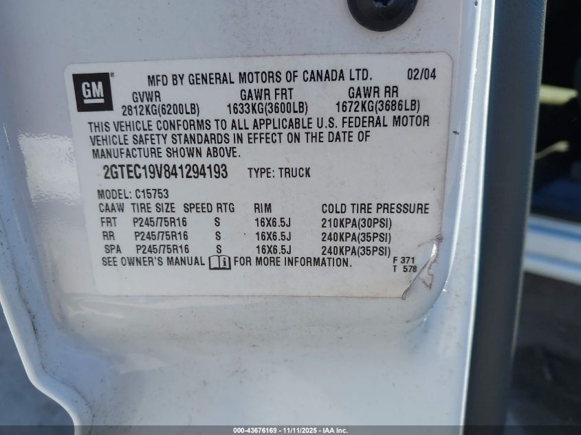 2004 GMC Sierra 1500 Sle VIN: 2GTEC19V841294193 Lot: 43676169
