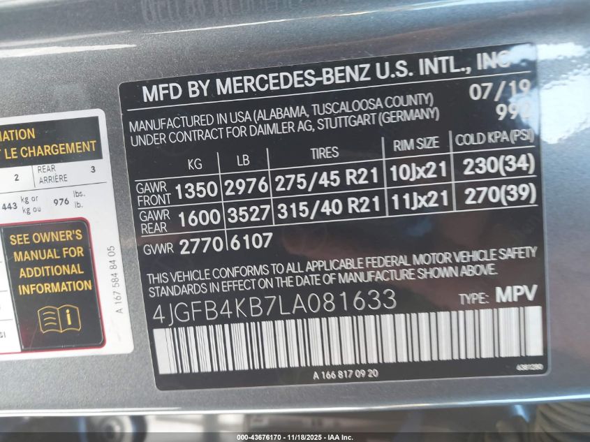 2020 Mercedes-Benz Gle 350 4Matic VIN: 4JGFB4KB7LA081633 Lot: 43676170