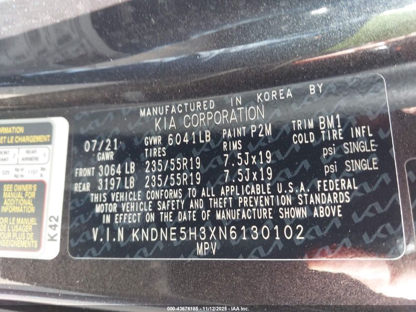 2022 Kia Carnival Mpv Sx Prestige VIN: KNDNE5H3XN6130102 Lot: 43676185