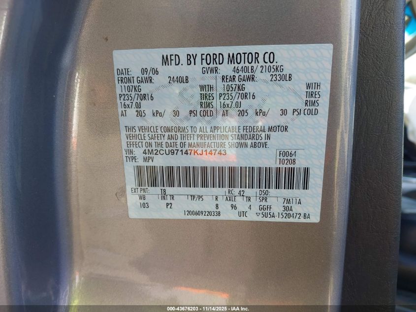 2007 Mercury Mariner Premier VIN: 4M2CU97147KJ14743 Lot: 43676203