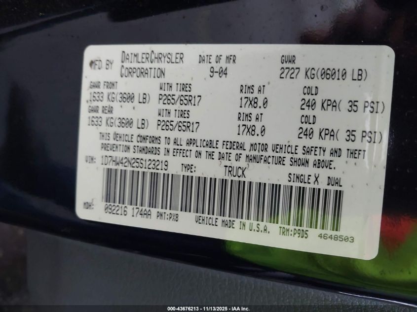 2005 Dodge Dakota Slt VIN: 1D7HW42N25S123219 Lot: 43676213