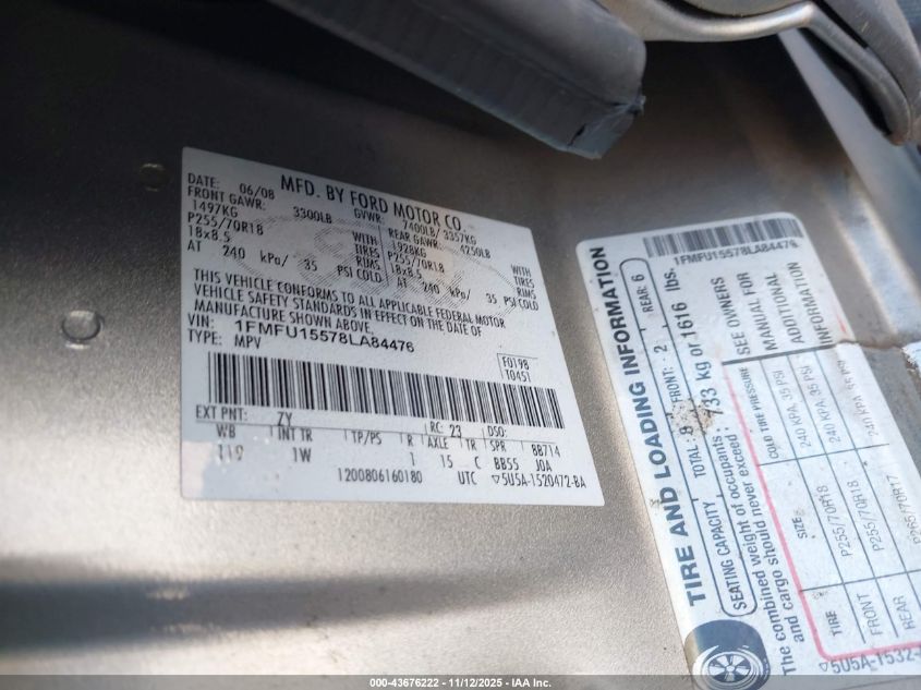 2008 Ford Expedition Xlt VIN: 1FMFU15578LA84476 Lot: 43676222