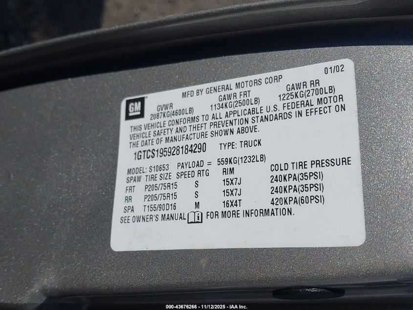 2002 GMC Sonoma Sls VIN: 1GTCS195928184290 Lot: 43676266