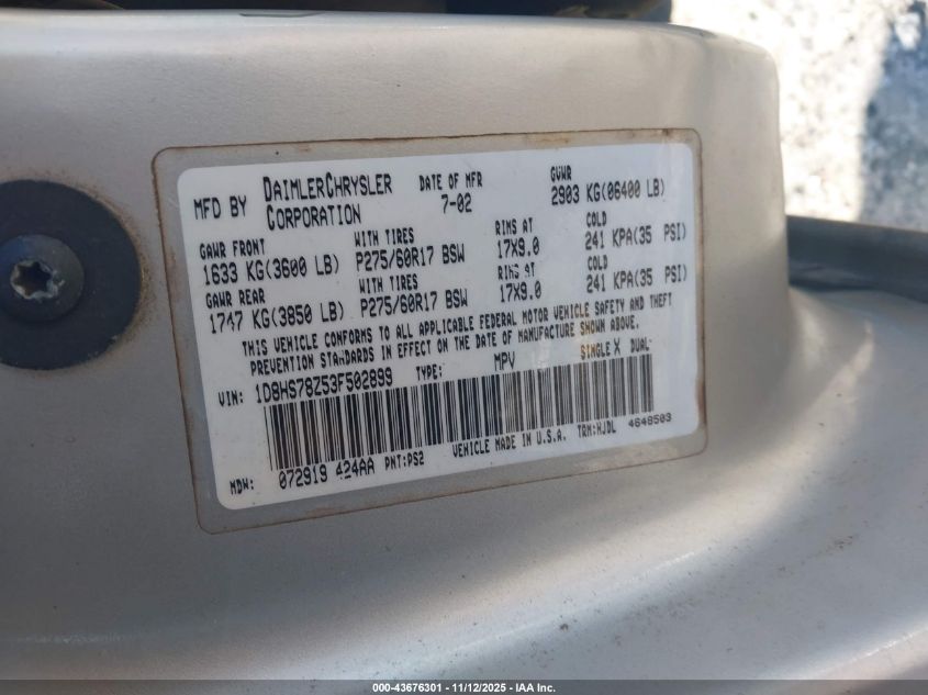 2003 Dodge Durango R/T VIN: 1D8HS78Z53F502899 Lot: 43676301