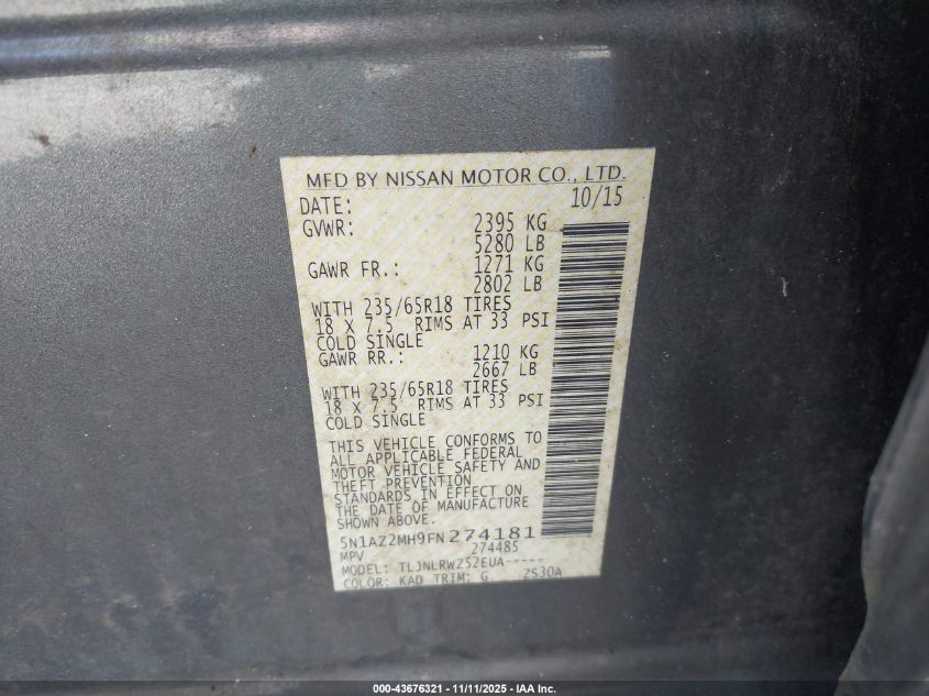 2015 Nissan Murano Sl VIN: 5N1AZ2MH9FN274181 Lot: 43676321