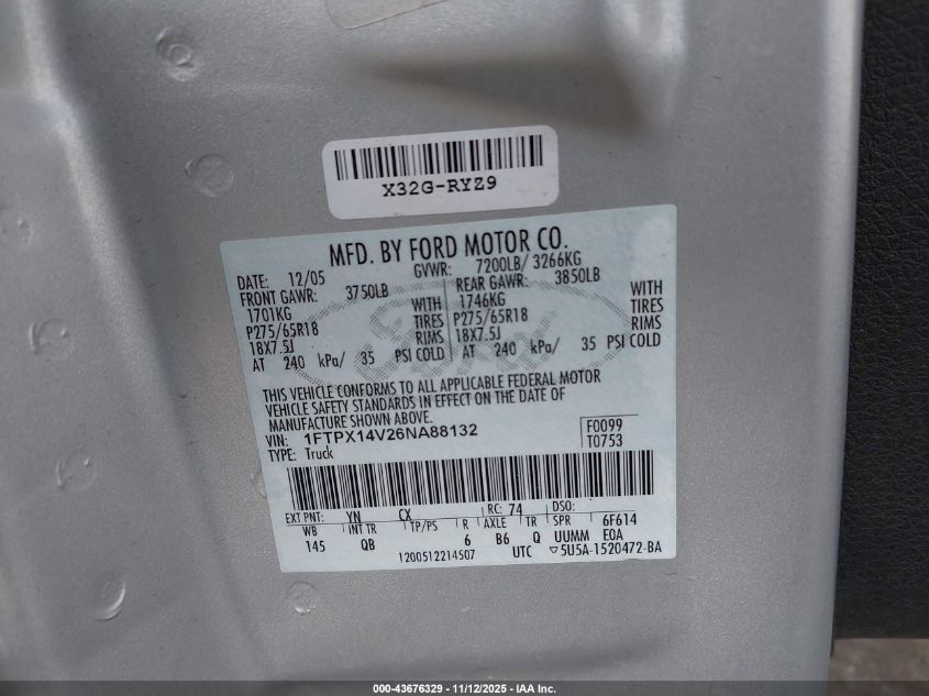 2006 Ford F-150 Fx4/Lariat/Xl/Xlt VIN: 1FTPX14V26NA88132 Lot: 43676329