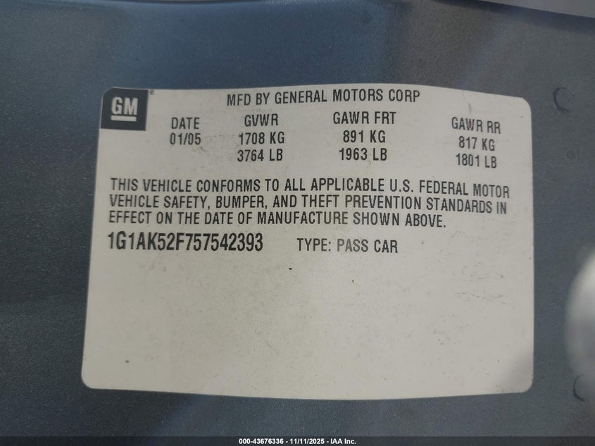 2005 Chevrolet Cobalt VIN: 1G1AK52F757542393 Lot: 43676336