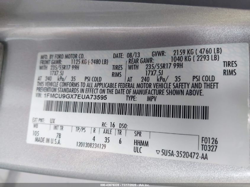 2014 Ford Escape Se VIN: 1FMCU9GX7EUA73595 Lot: 43676339