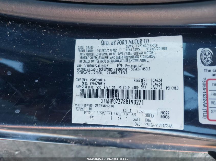 2008 Ford Fusion Se VIN: 3FAHP07Z78R190271 Lot: 43676341