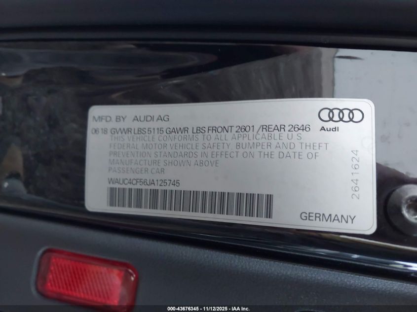 2018 Audi S5 3.0T Premium Plus VIN: WAUC4CF56JA125745 Lot: 43676345