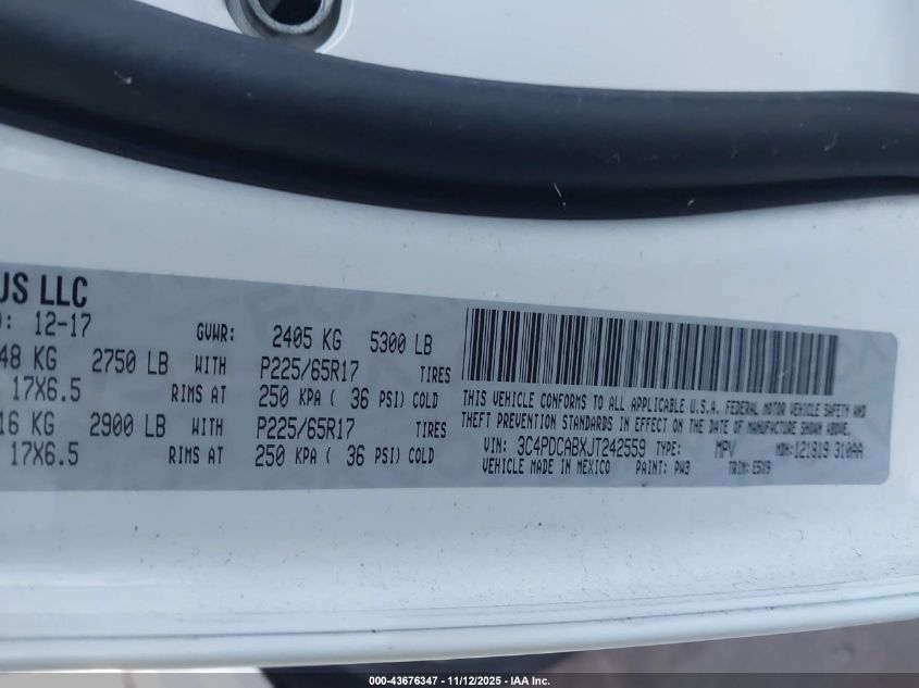 2018 Dodge Journey Se VIN: 3C4PDCABXJT242559 Lot: 43676347