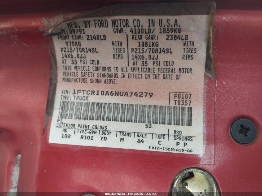 1992 Ford Ranger VIN: 1FTCR10A6NUA74279 Lot: 43676364