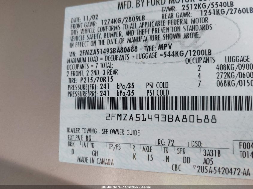 2003 Ford Windstar Lx VIN: 2FMZA51493BA80688 Lot: 43676376