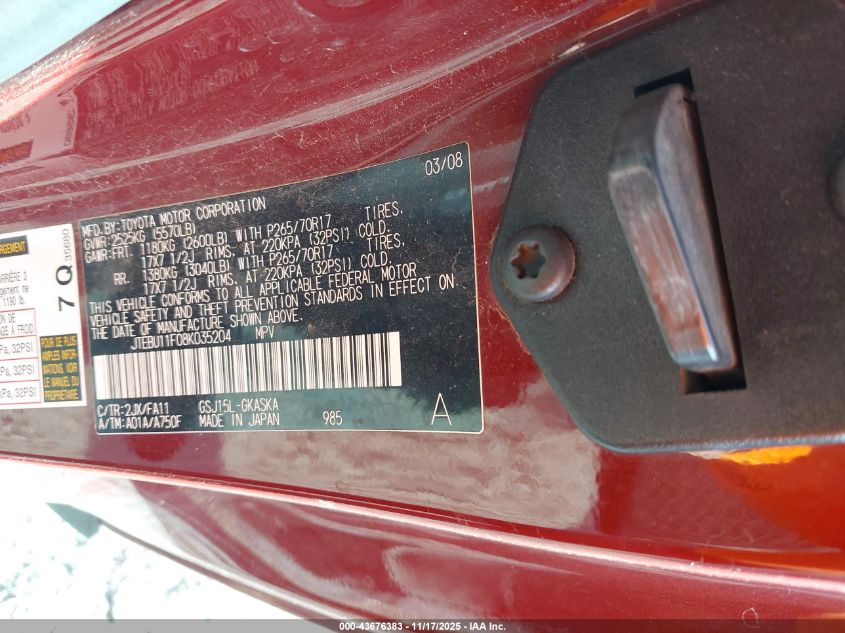 2008 Toyota Fj Cruiser VIN: JTEBU11F08K035204 Lot: 43676383