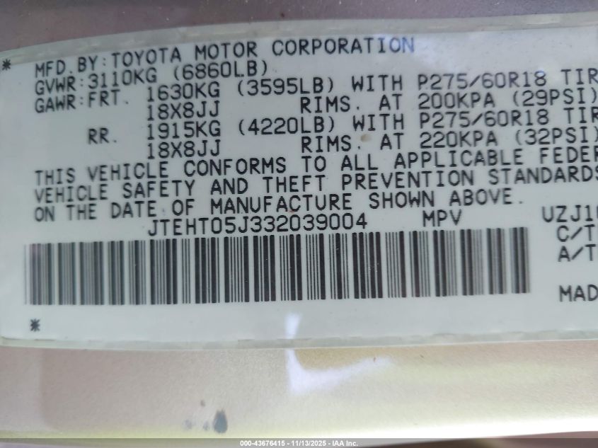 2003 Toyota Land Cruiser VIN: JTEHT05J332039004 Lot: 43676415