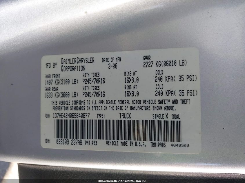 2006 Dodge Dakota Slt VIN: 1D7HE42N06S640877 Lot: 43676416