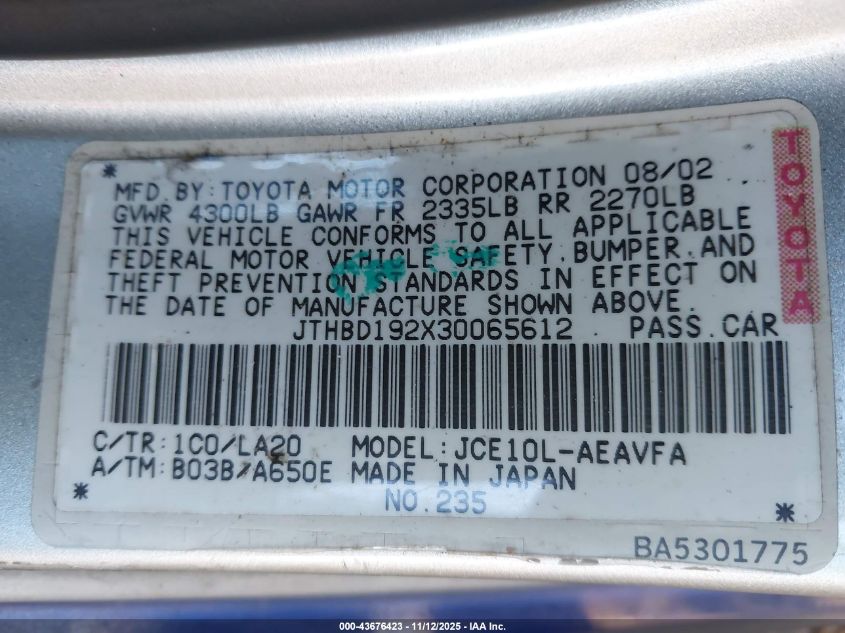 2003 Lexus Is 300 VIN: JTHBD192X30065612 Lot: 43676423