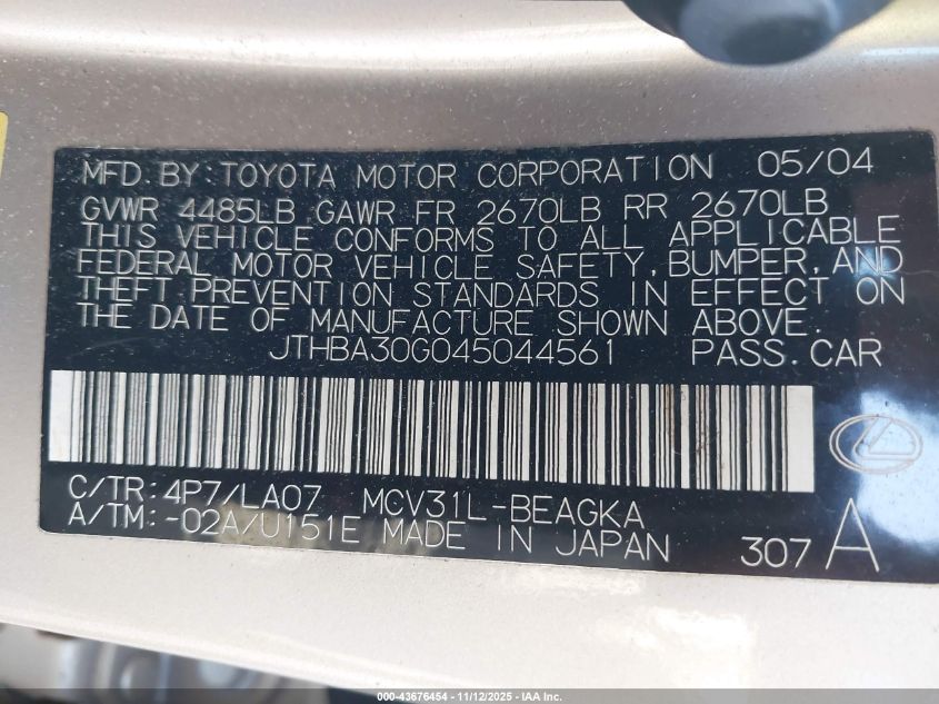 2004 Lexus Es 330 VIN: JTHBA30G045044561 Lot: 43676454