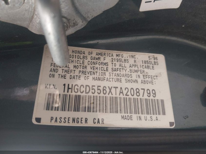 1996 Honda Accord Ex VIN: 1HGCD556XTA208799 Lot: 43676464