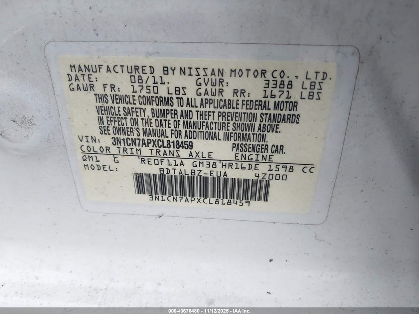 3N1CN7APXCL818459 2012 NISSAN VERSA photo no. 9