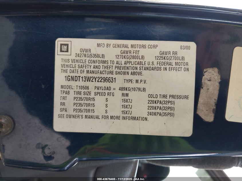 2000 Chevrolet Blazer Ls VIN: 1GNDT13W2Y2296631 Lot: 43676485