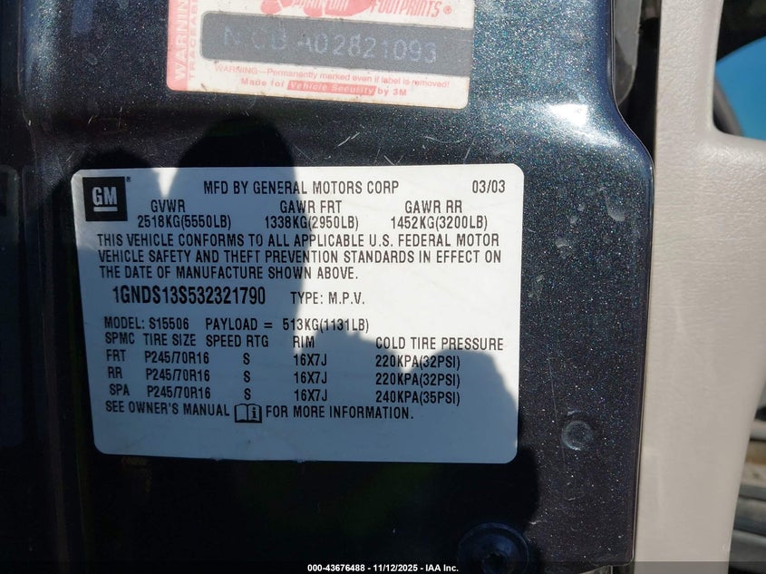 1GNDS13S532321790 2003 CHEVROLET TRAILBLAZER photo no. 9