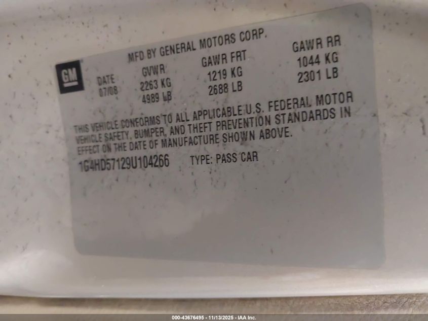 2009 Buick Lucerne Cxl VIN: 1G4HD57129U104266 Lot: 43676495